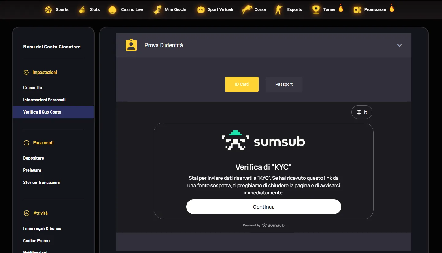 Verifica dell'identità KYC su Donbet tramite Sumsub