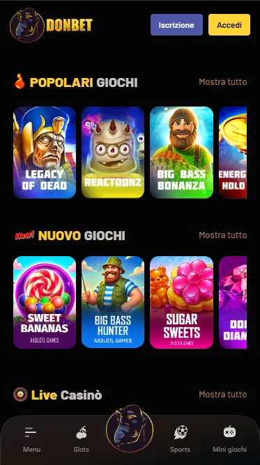 Sito mobile di Donbet su smartphone con i giochi popolari