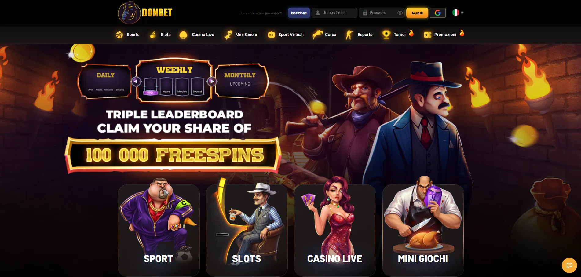 Homepage di Donbet casino su desktop con bonus e giochi