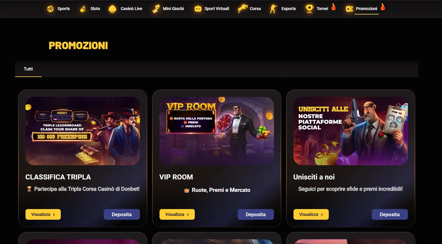 Pagina delle promozioni Donbet con Classifica Tripla, VIP Room e canali social