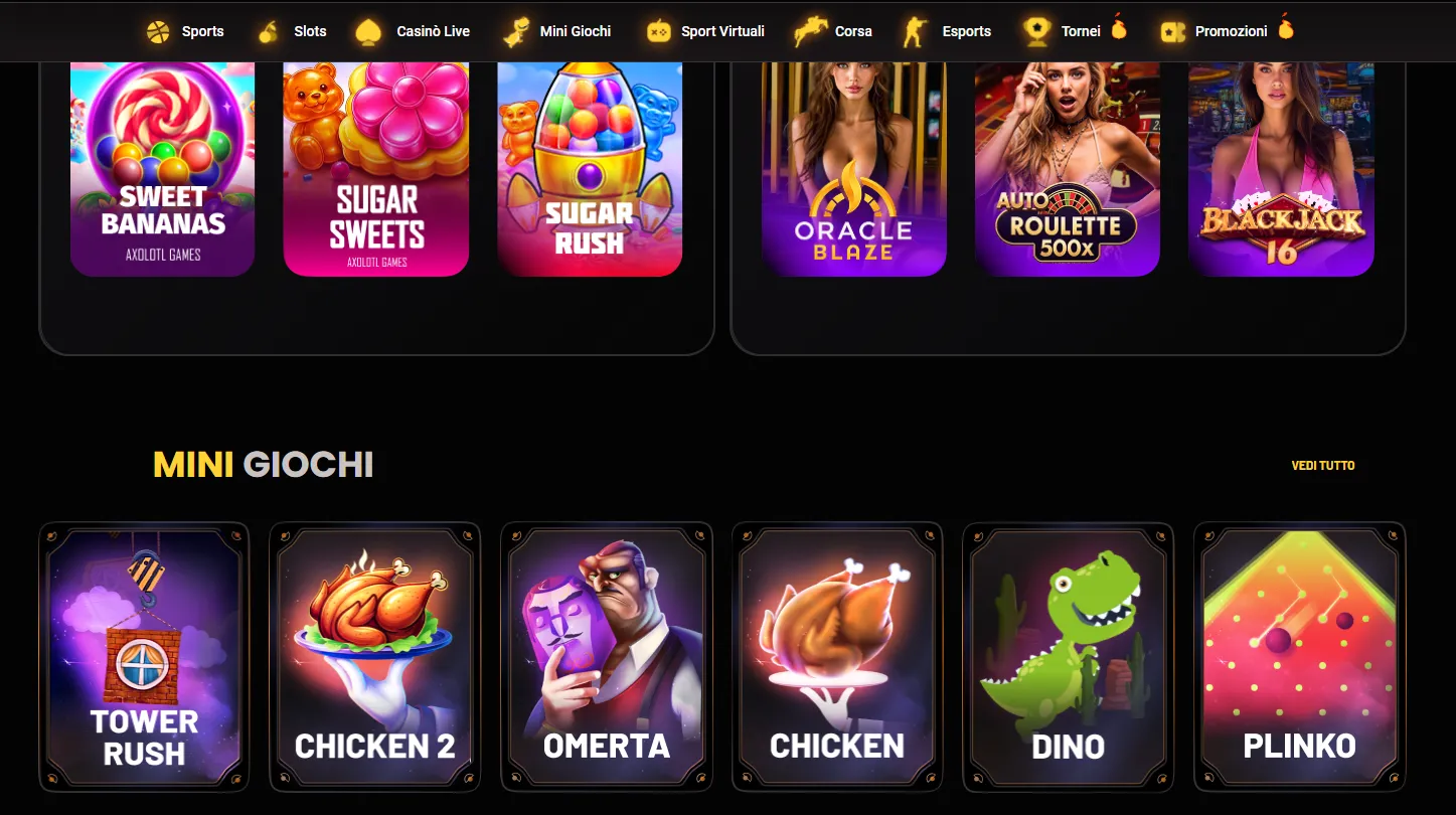 Lobby di Donbet con le categorie di giochi e i minigiochi