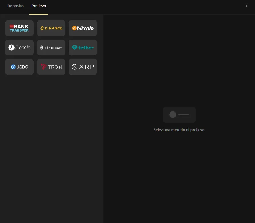 Pagina prelievi di Donbet con bonifico e criptovalute