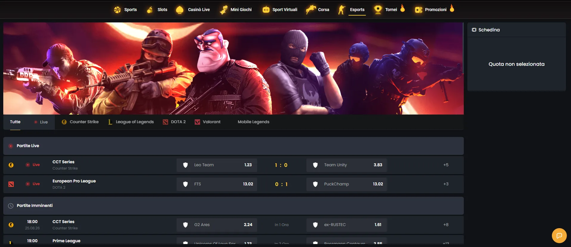 Mercati eSports di Donbet con partite live
